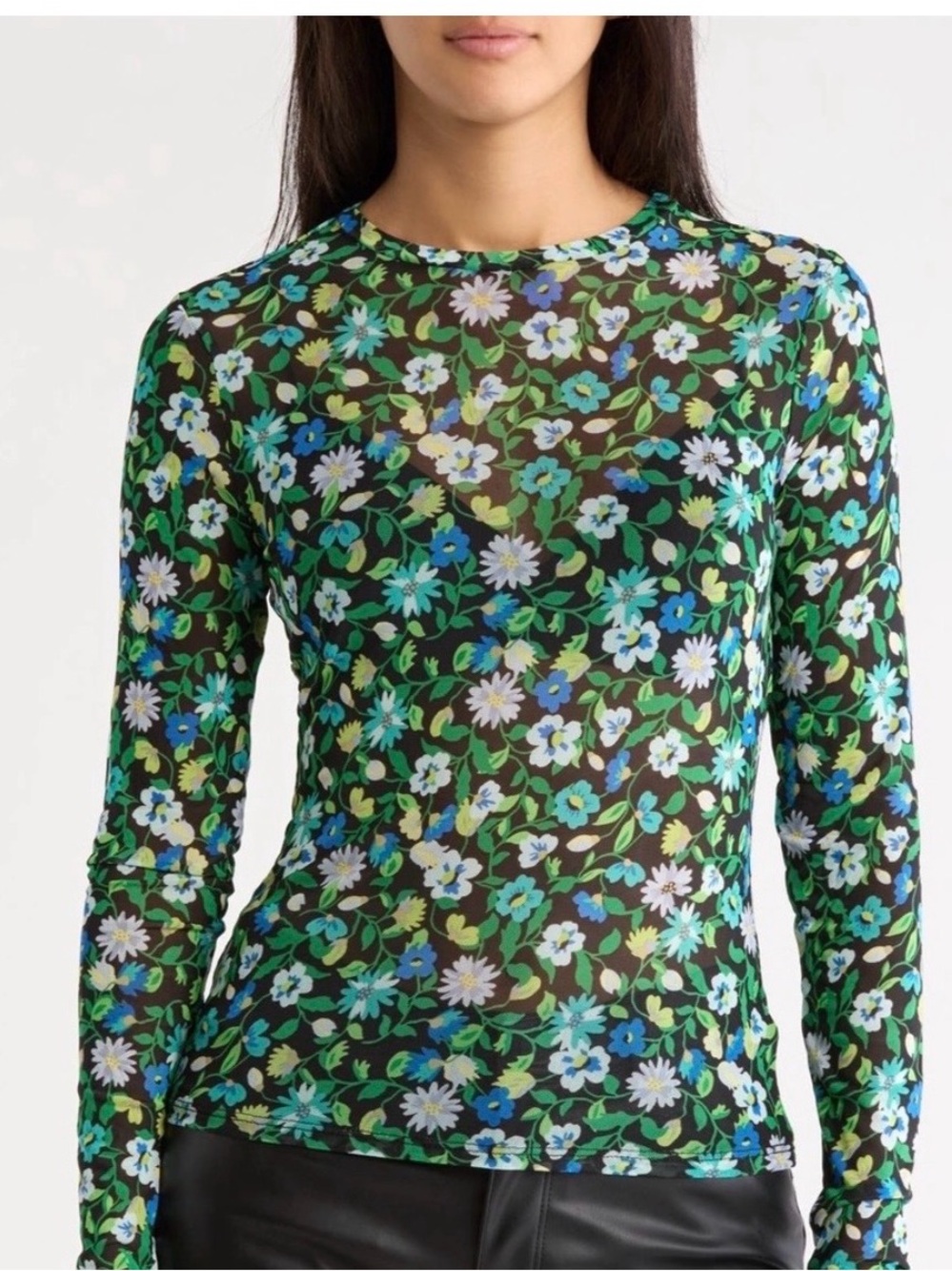 AFRM Floral Sheer Long-Sleeve Top in Green and Blue